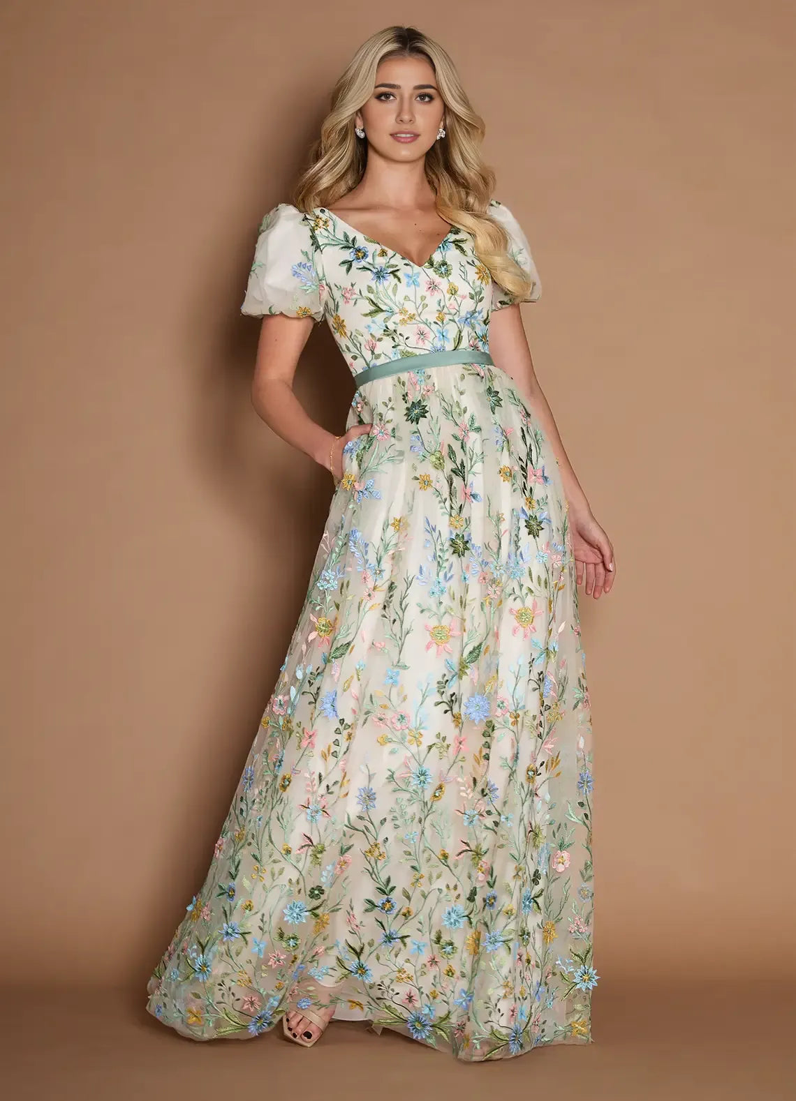 Weitese Dress Short Sleeves V Neck Elegant Maxi Dress Prom Dress Backless Romantic Flower A-Line Evening Dress